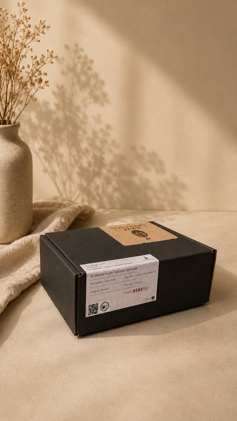 Caja de drip bags Café Consciencia con su etiqueta técnica